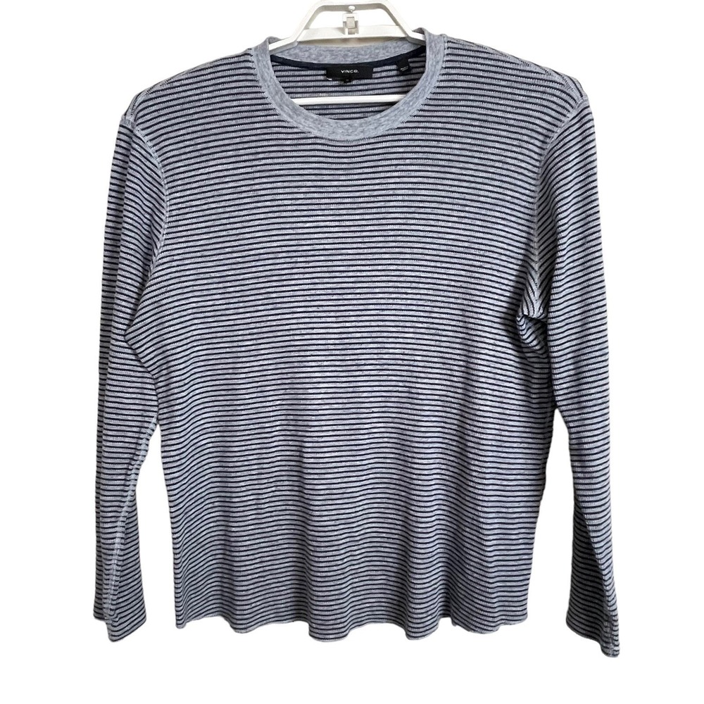 Vince Striped Thermal Shirt Mens XL Grey Navy Blue Cotton Waffle Long Sleeve